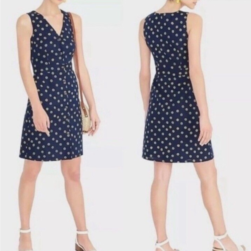 J. Crew V-neck button-front dress in navy blue daisy cotton-linen
